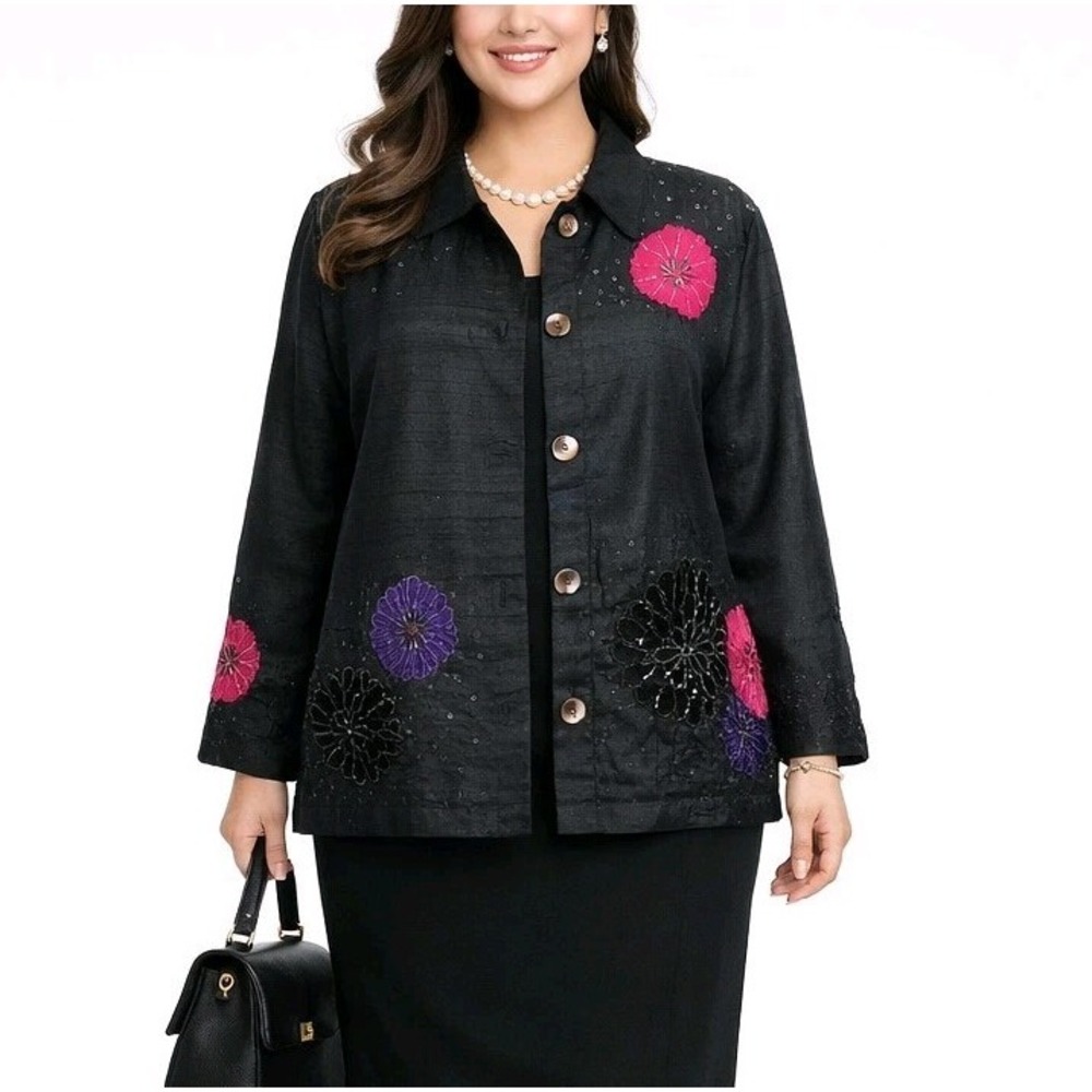 CHOICES‎ Size Large Slubbed Silk Blend Velvet Floral Applique Lined Shacket Top